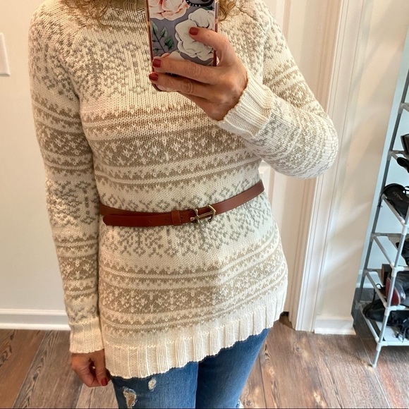 Vintage Liz Tan Gray Fair Isle Tunic Sweater Mock Neck Long Size Small - Picture 1 of 9